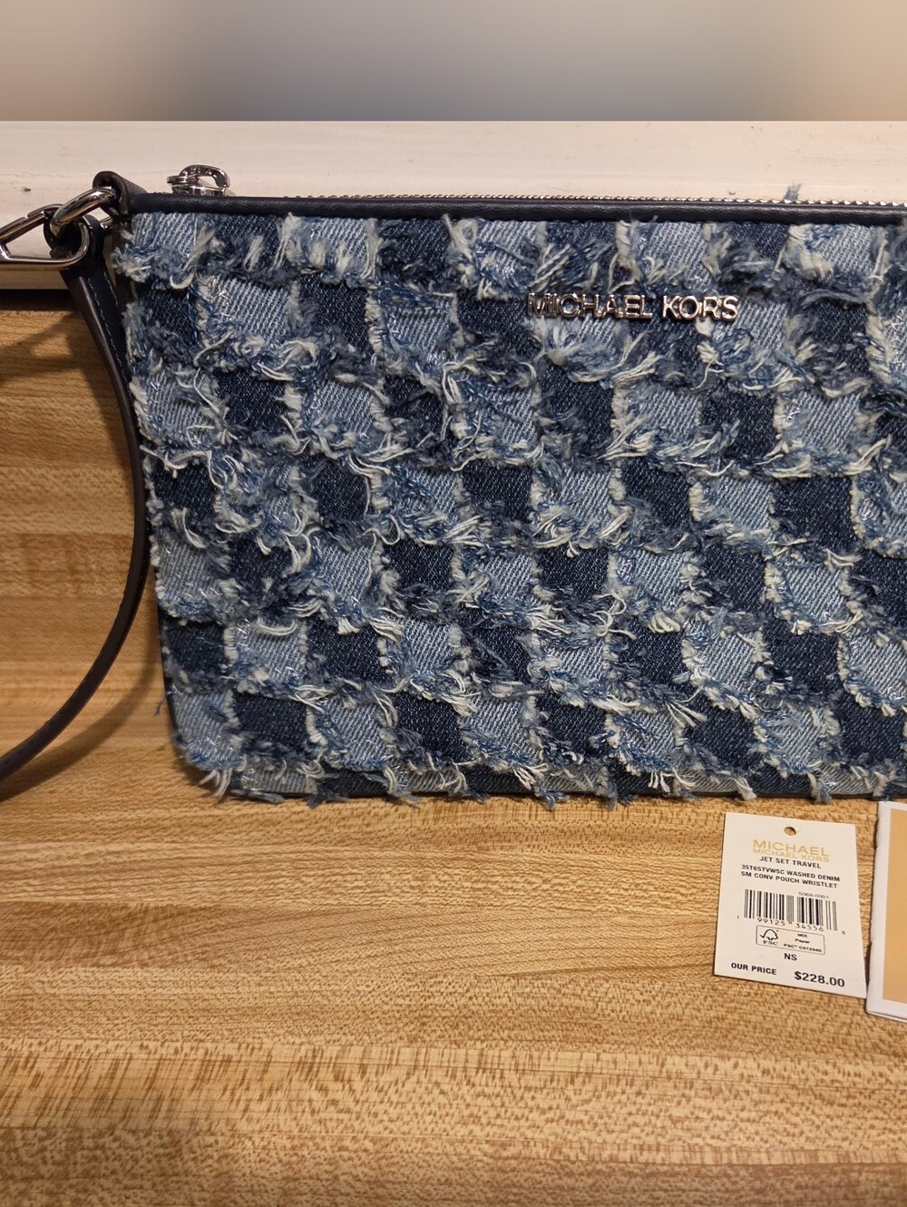 Michael Kors NWT Multi Colored Frayed Denim Large Wristlet